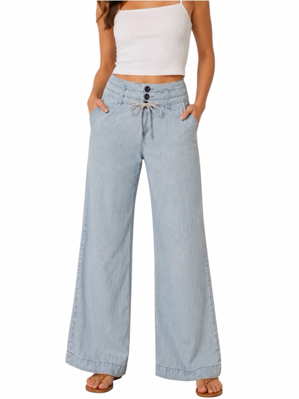 KUT from Kloth Chambray Wide Leg Pants Size 6 Light Wash Drawstring Jeans - Picture 2 of 13